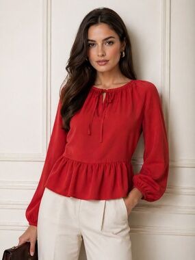 Loft blouse size L balloon sleeves front tie tiered hem red corporate girlie